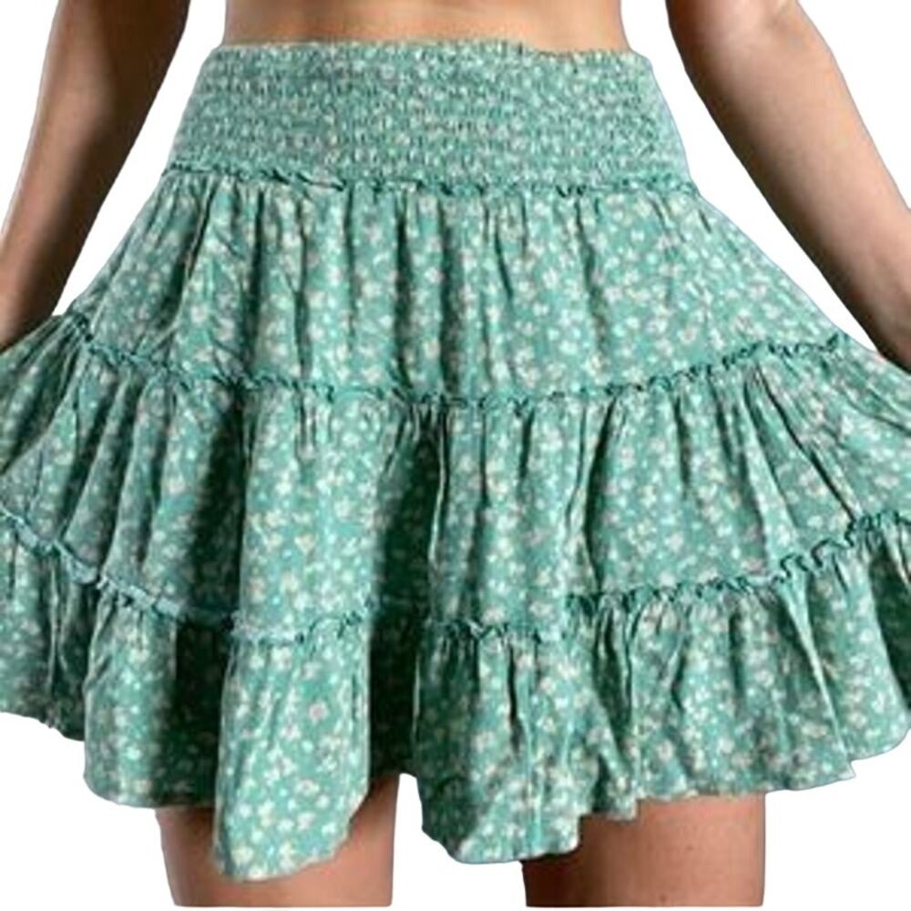 American Eagle Skirt Tiered Ruffle Floral Thick Elastic Waist Flowy Mini Green S